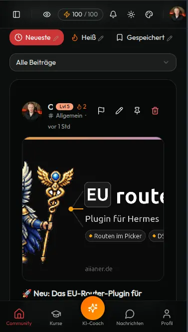 Die AIIANER-App auf dem Handy: Community-Feed mit Beitrag, unten die Navigation zu Kursen, KI-Coach, Nachrichten und Profil.
