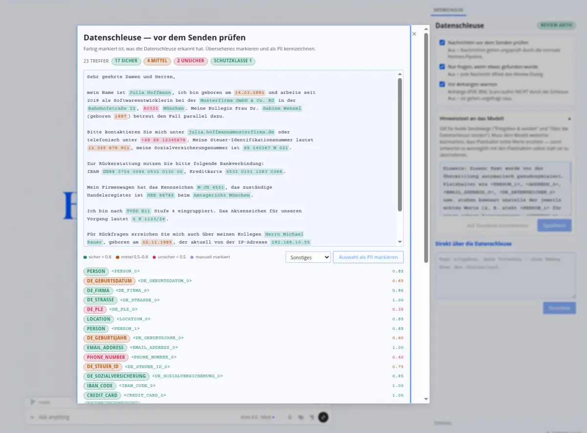 Die Prüfansicht der Datenschleuse: 23 Treffer in einem Brief, farbig markiert, darunter die erkannten Feldtypen mit Sicherheitswerten — darunter Steuer-ID, Sozialversicherungsnummer, Firma, Straße und Aktenzeichen.