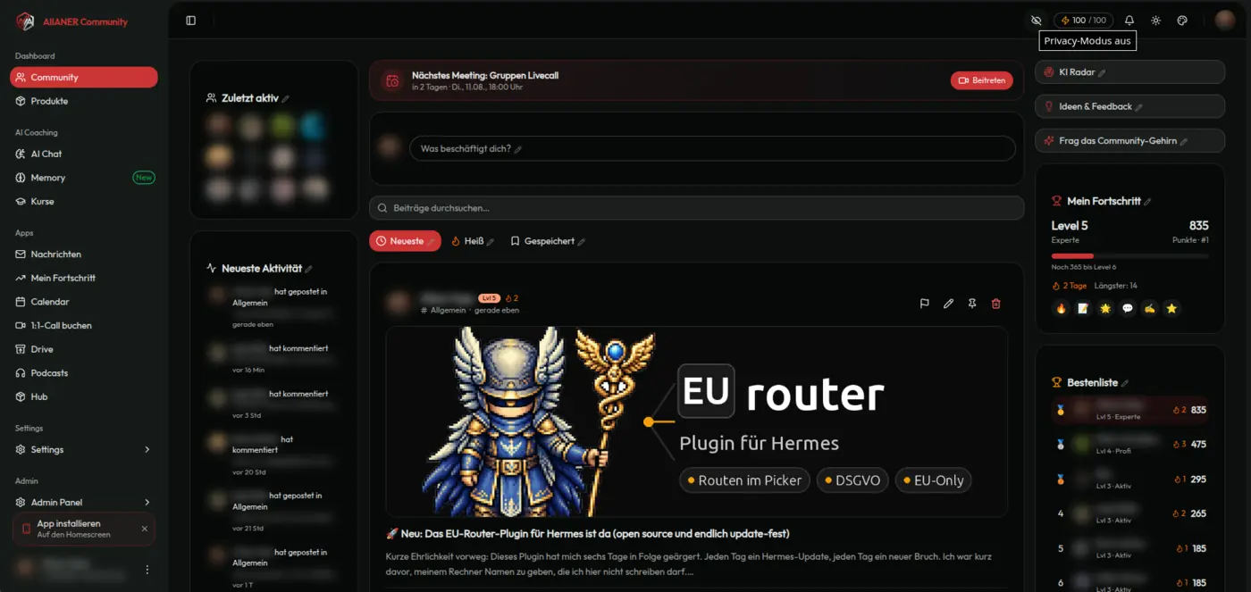 Der Community-Feed von AIIANER: ein Beitrag über das EU-Router-Plugin für Hermes, daneben Themenräume, Live-Call-Hinweis, Fortschritt und Bestenliste.