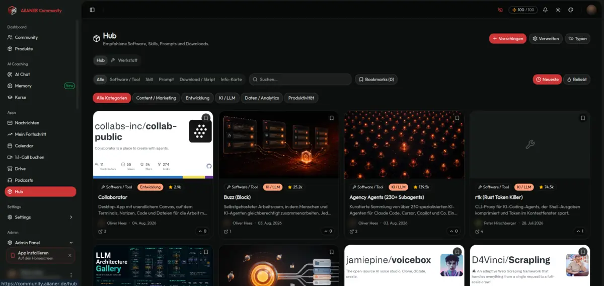 Der Hub: empfohlene Software, Skills, Prompts und Downloads mit Kategorien und Bewertungen.