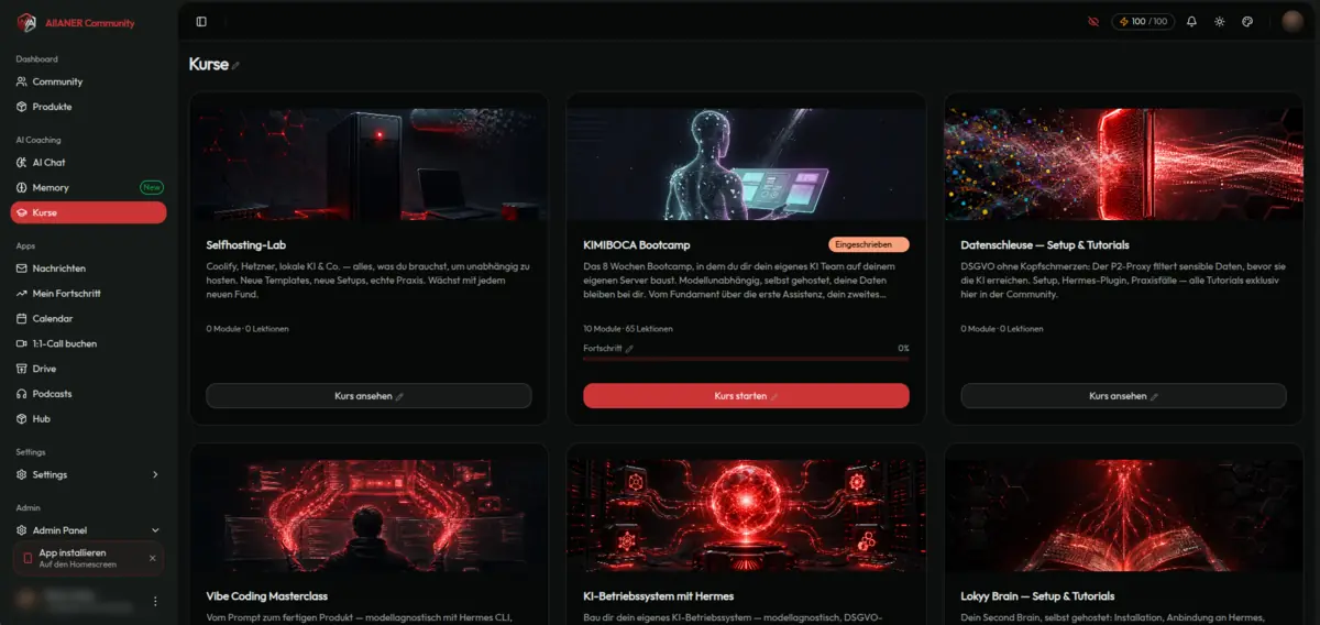 Die Kursübersicht: Selfhosting-Lab, KIMIBOCA Bootcamp, Datenschleuse-Tutorials, Vibe Coding Masterclass, KI-Betriebssystem mit Hermes und Lokyy-Brain-Tutorials.