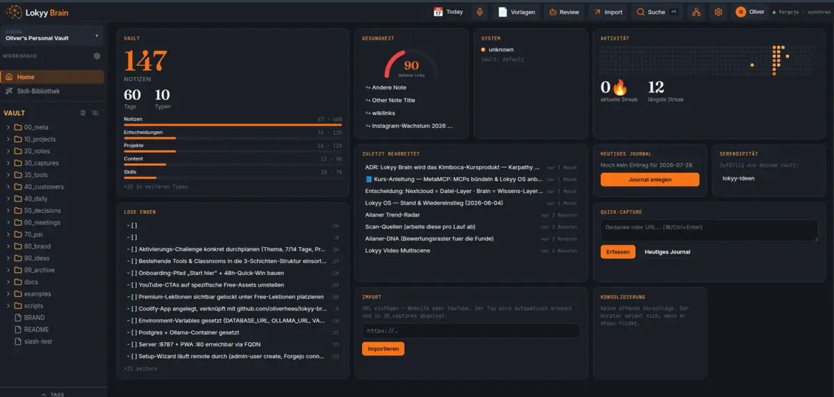 Das Lokyy-Brain-Dashboard: 147 Notizen, Vault-Struktur, lose Enden, zuletzt bearbeitete Einträge, Quick-Capture und die Konsolidierung durch den Kurator.