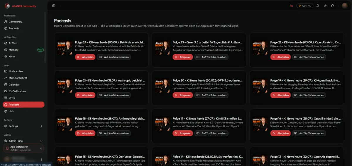 Die Podcast-Übersicht mit den Folgen von KI News heute, direkt in der App abspielbar.